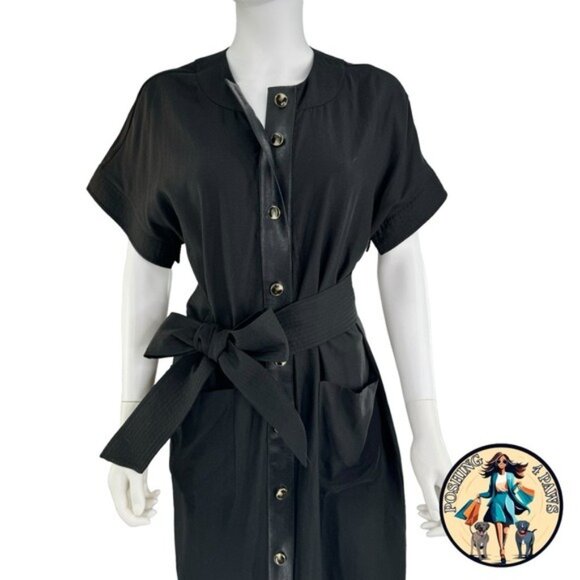 Tuckernuck NEW Black Leather Trim Kara Short Sleeve Midi Shirt Dress Size Small - Picture 5 of 10